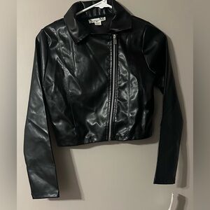 KNITWORKS size 14, black, faux leather jacket with zipper.
